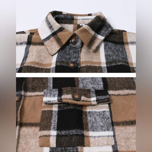 Women's Casual Lapel Button Down Long Plaid Shacket Brown (Various Sizes)- NWT - Picture 6 of 8